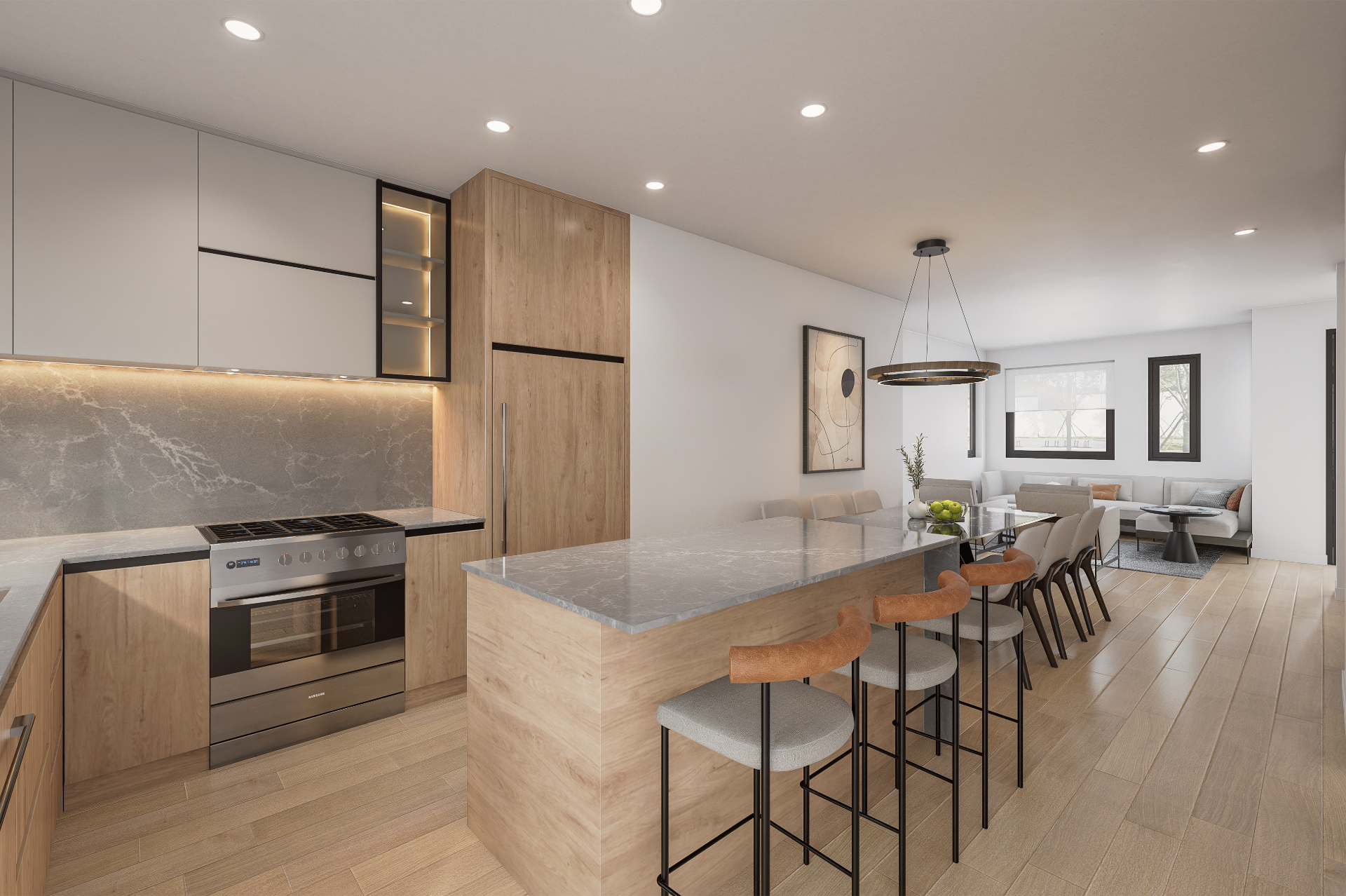 Unit 1 — open kitchen and living with island